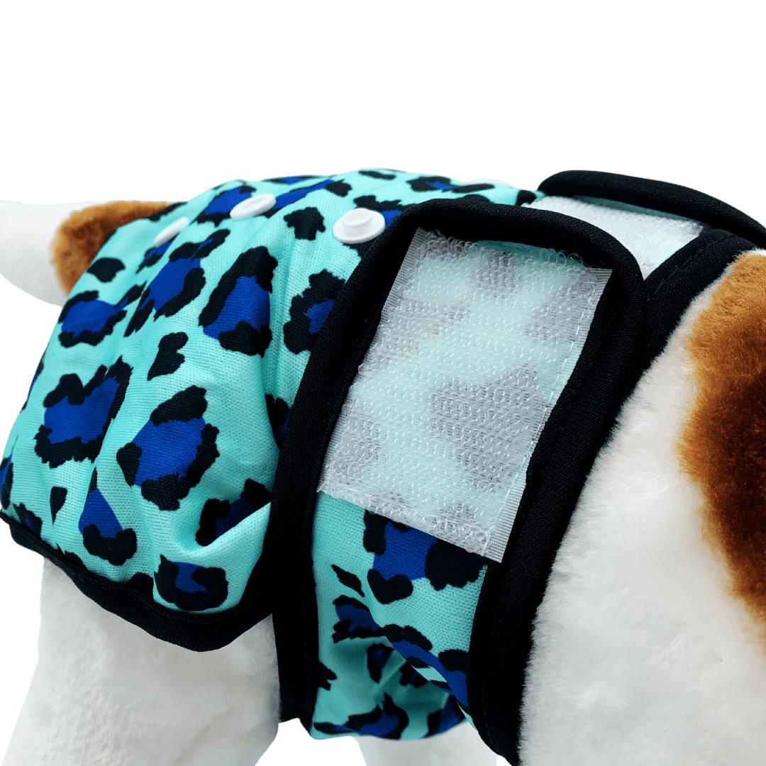 Loopsheidbroekje Leopard Blauw – Wasbaar & verstelbaar voor teefjes bij loopsheid en incontinentie