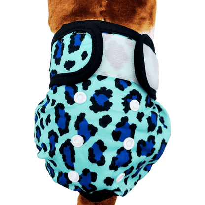 Loopsheidbroekje Leopard Blauw – Wasbaar & verstelbaar voor teefjes bij loopsheid en incontinentie
