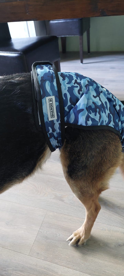 Loopsheidbroekje Camo Blauw – Wasbaar & verstelbaar voor teefjes bij loopsheid en incontinentie